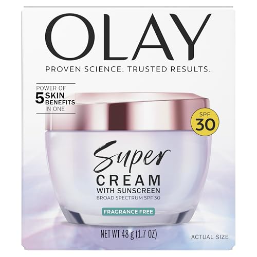 Olay Super Cream with Sunscreen SPF 30, Fragrance Free Lightweight Face Moisturizer with Sun Protection, 5-in-1 Skin Care - Hydrating, Brightening, Firming - Niacinamide, Vitamin C, Collagen, 1.7 oz