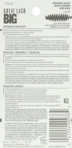 Maybelline Great Lash Washable Mascara Makeup, Volumizing Lash-Doubling Formula That Conditions As It Thickens, Blackest Black, 1 Count