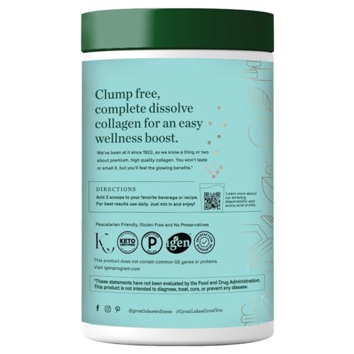 Great Lakes Wellness Sustainable Marine Collagen Peptides Powder for Skin, Hair, Nails, Joints & Digestion - Unflavored - Quick Dissolve Hydrolyzed, Wild Caught, MSC Certified, Non-GMO, Kosher - 8 oz