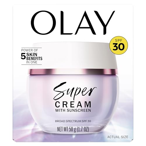 Olay Super Cream with Sunscreen SPF 30, Fragrance Free Lightweight Face Moisturizer with Sun Protection, 5-in-1 Skin Care - Hydrating, Brightening, Firming - Niacinamide, Vitamin C, Collagen, 1.7 oz