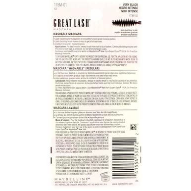 Maybelline Great Lash Washable Mascara Makeup, Volumizing Lash-Doubling Formula That Conditions As It Thickens, Blackest Black, 1 Count