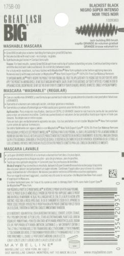 Maybelline Great Lash Washable Mascara Makeup, Volumizing Lash-Doubling Formula That Conditions As It Thickens, Blackest Black, 1 Count