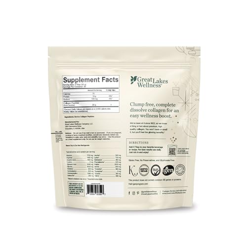 Great Lakes Wellness Collagen Peptides Powder for Skin, Hair, Nails, Joints & Digestion - Unflavored - 22 Servings (Pack of 1)