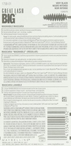 Maybelline Great Lash Washable Mascara Makeup, Volumizing Lash-Doubling Formula That Conditions As It Thickens, Blackest Black, 1 Count