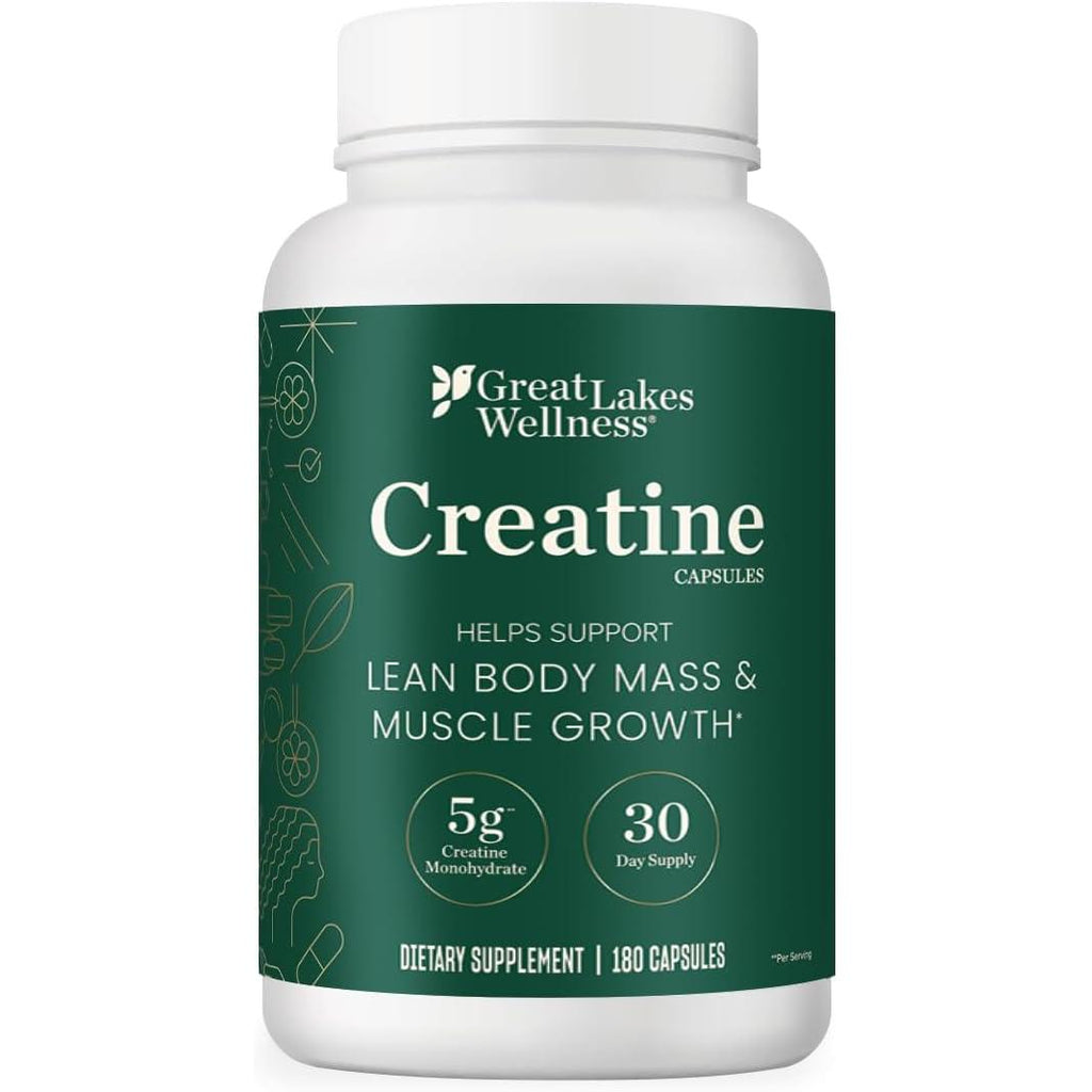 Great Lakes Wellness Creatine Monohydrate Capsules, 180 Count (30 Day Supply), 5000mg Pure Creatine per Serving, Build Lean Muscle, Strength & Recovery, Capsule Alternative to Creatine Powder
