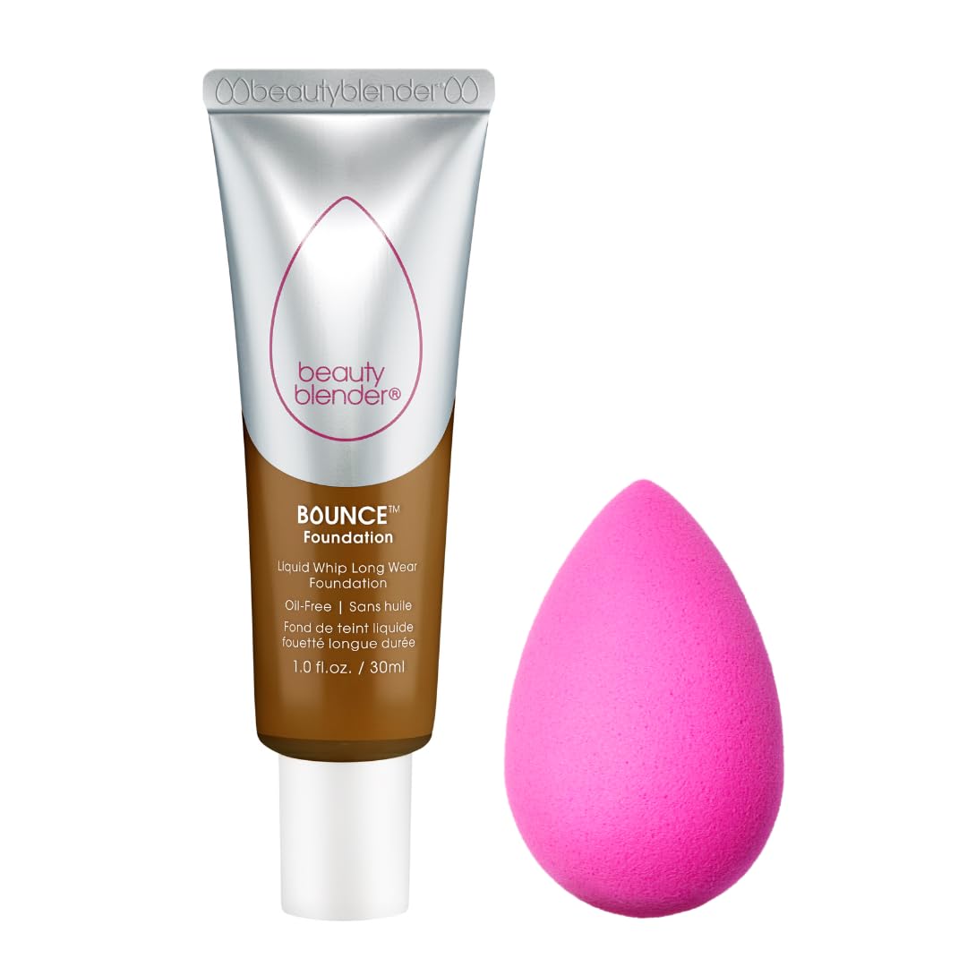 Beautyblender Bounce Liquid Whip Long Wear Foundation (4.45 N Deep Bronze) & Original Pink Beauty Blender Makeup Sponge Bundle