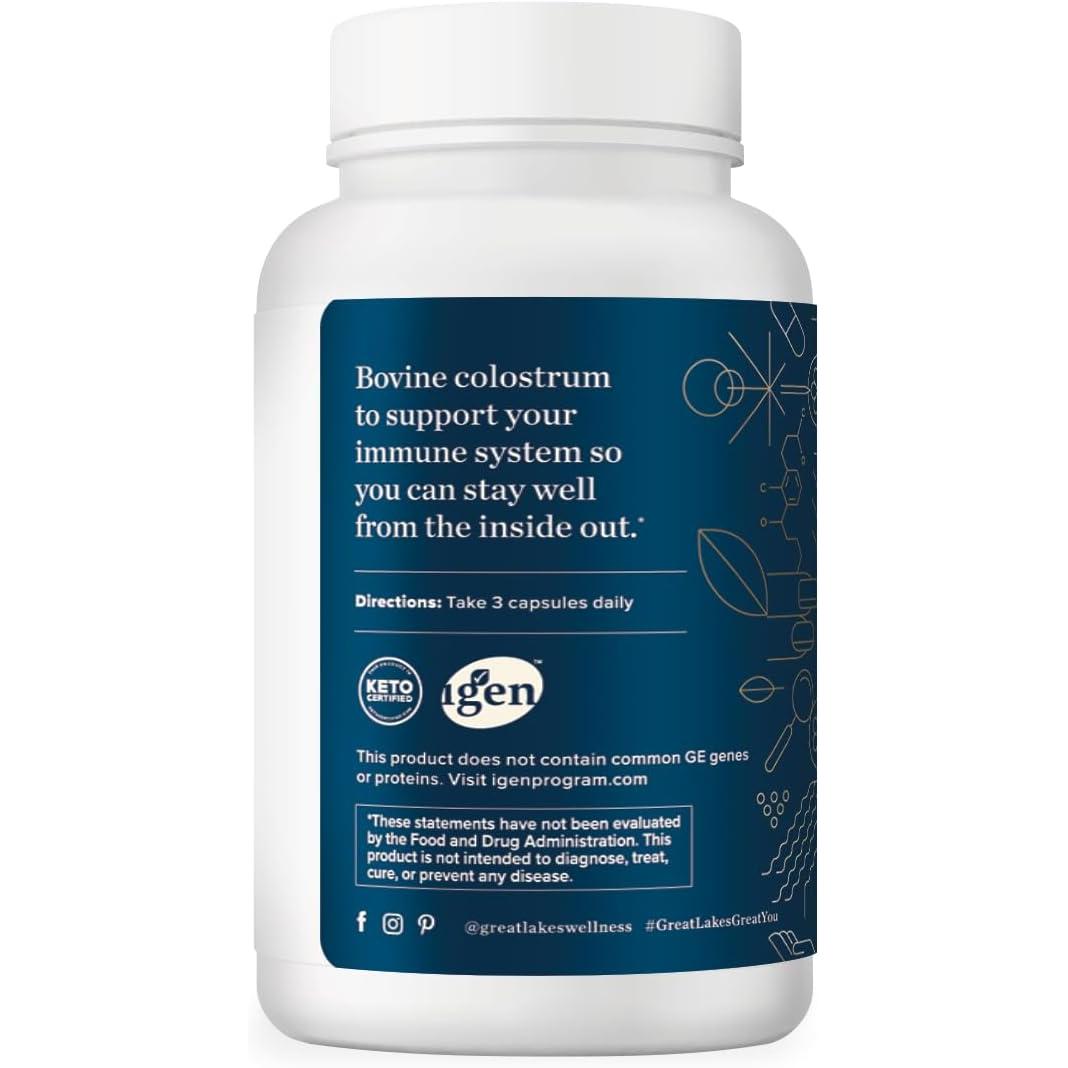 Great Lakes Wellness Colostrum Supplement, 90 Capsules, 1,500mg per Serving, Bovine Colostrum Powder for Immune Support, No Fillers, Third Party Tested
