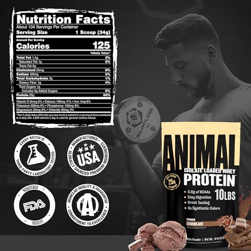Animal Whey Isolate Protein Powder - Loaded for Pre & Post Workout Muscle Builder and Recovery with Digestive Enzymes for Men & Women - 25g Protein, Great Taste, Low Sugar - Strawberry 4 lbs