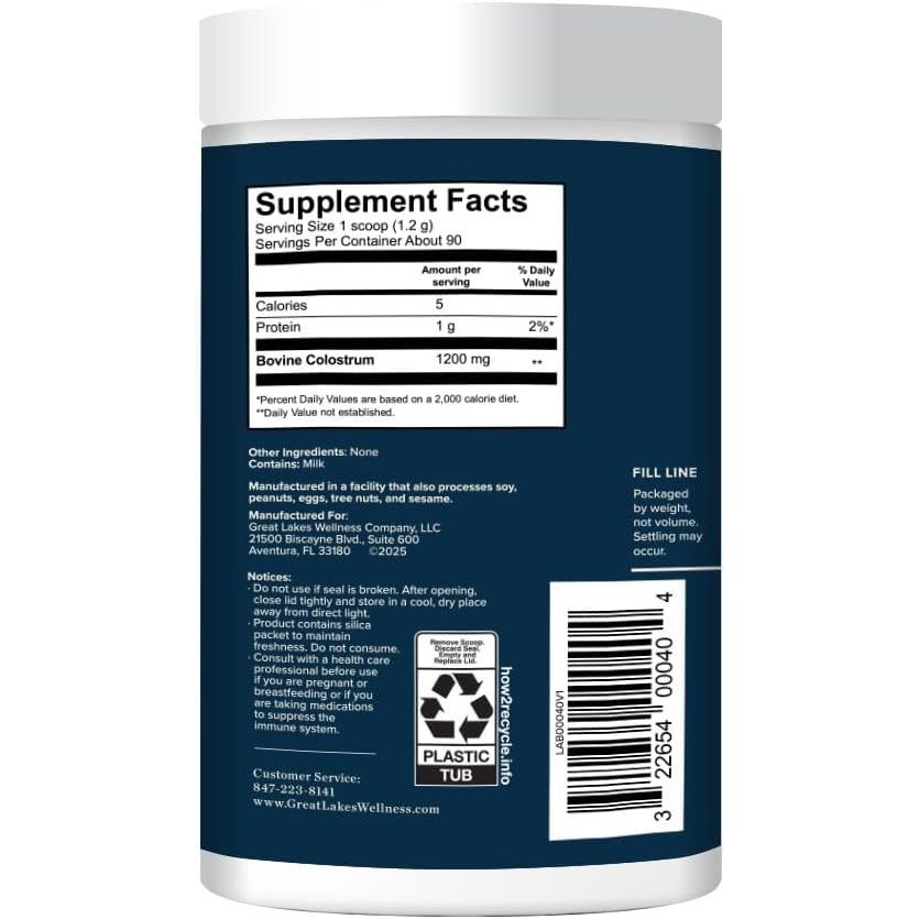 Great Lakes Wellness Colostrum Supplement Powder, 90 Servings (3.8oz), 1200mg per Serving, Pure Bovine Colostrum Powder for Immune Support, No Fillers, Third Party Tested
