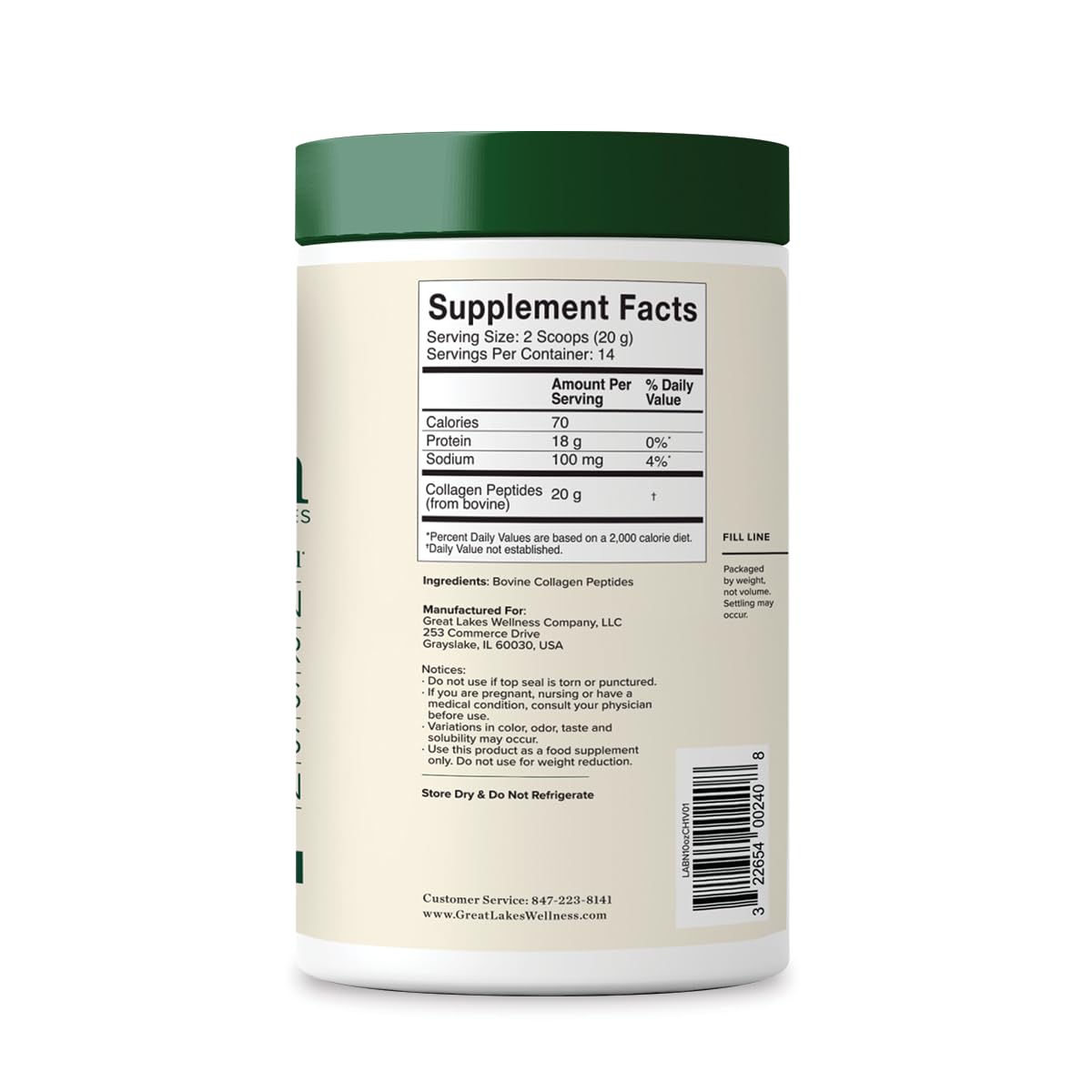 Great Lakes Wellness Collagen Peptides Powder for Skin, Hair, Nails, Joints & Digestion - Unflavored - 22 Servings (Pack of 1)