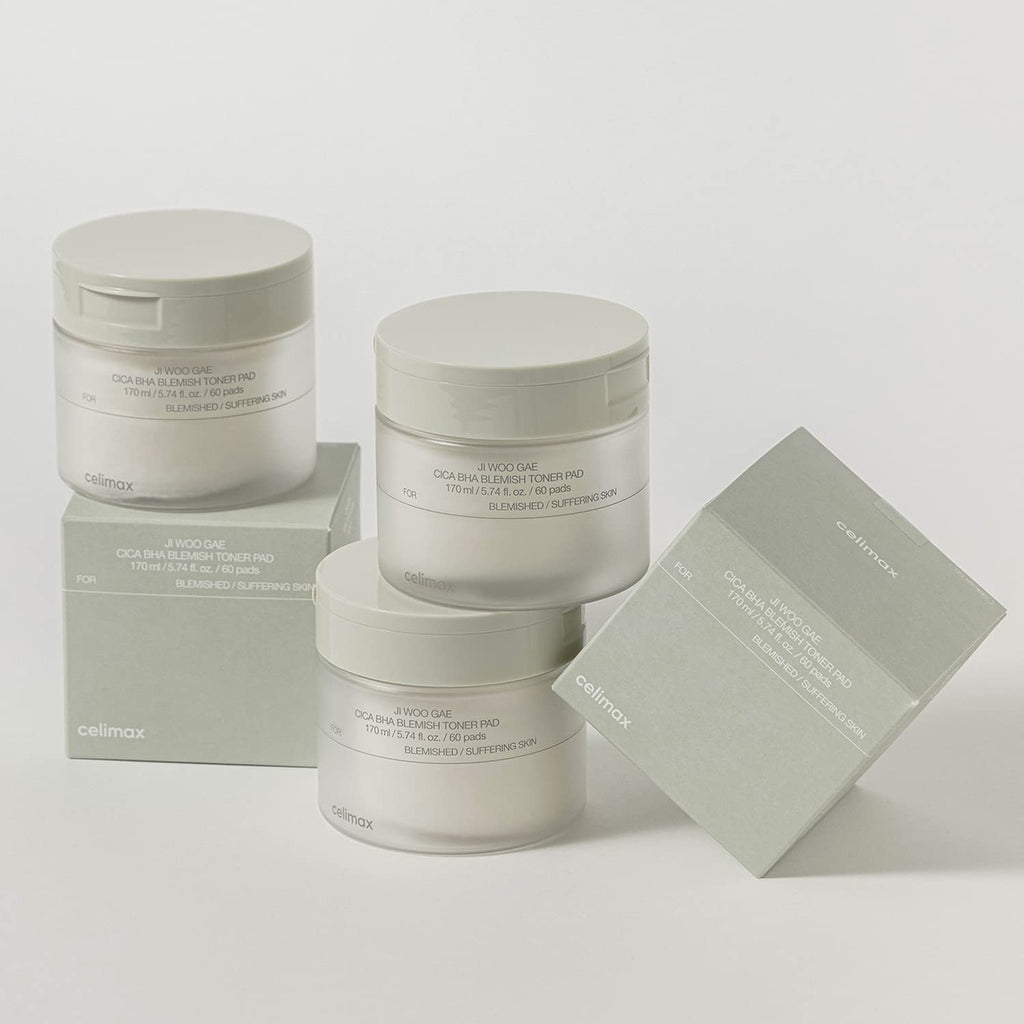 celimax Ji.Woo.Gae Cica BHA Blemish Toner Pad (60 Pads) + The Real Cica Soothing Cream 50ml Bundle