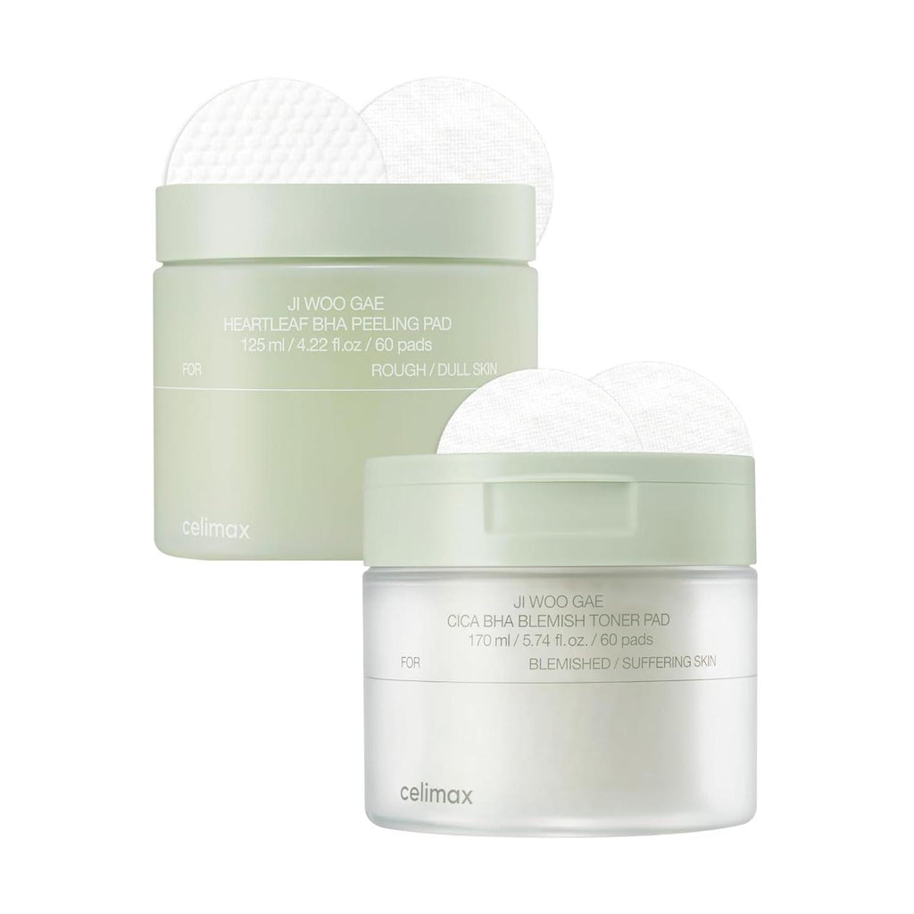 celimax Ji.Woo.Gae Heartleaf BHA Peeling Pad(60 pads) + Ji.Woo.Gae Cica BHA Blemish Toner Pad (60 Pads) Bundle