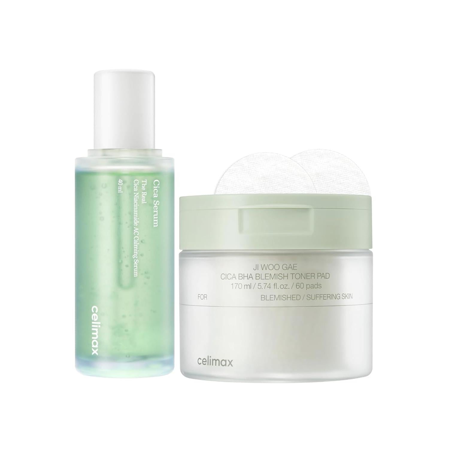 celimax The Real Cica Niacinamide AC Calming Serum 40ml + Ji.Woo.Gae Cica BHA Blemish Toner Pad (60 Pads) Bundle