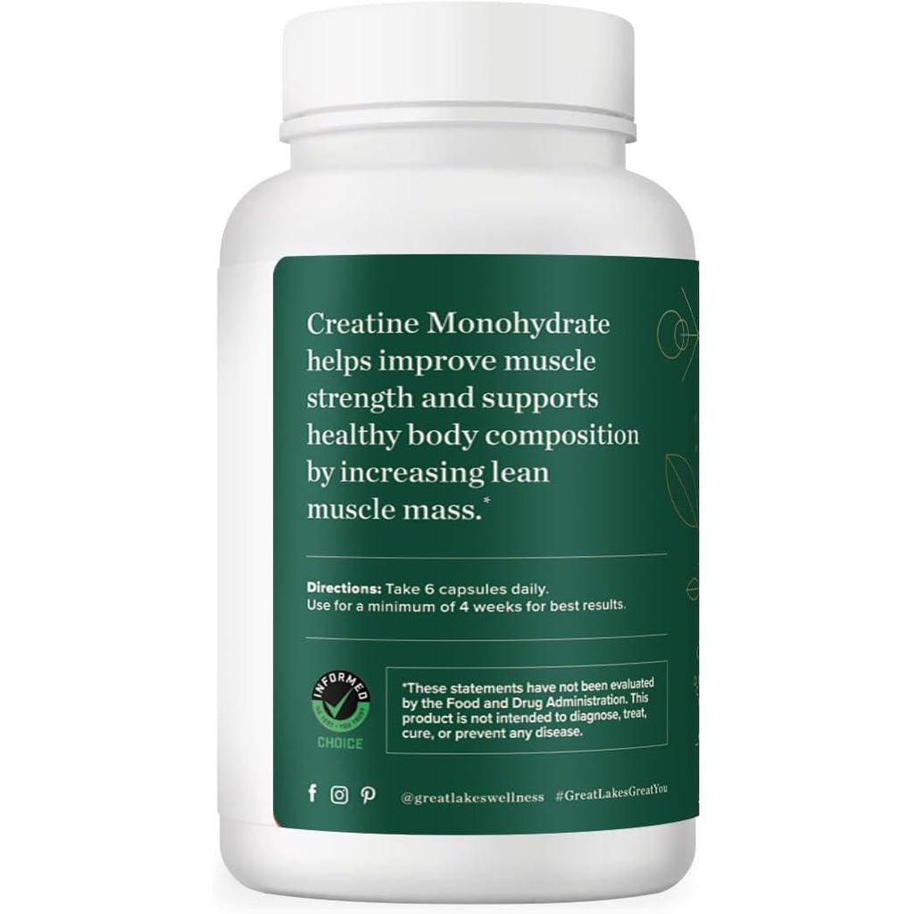 Great Lakes Wellness Creatine Monohydrate Capsules, 180 Count (30 Day Supply), 5000mg Pure Creatine per Serving, Build Lean Muscle, Strength & Recovery, Capsule Alternative to Creatine Powder