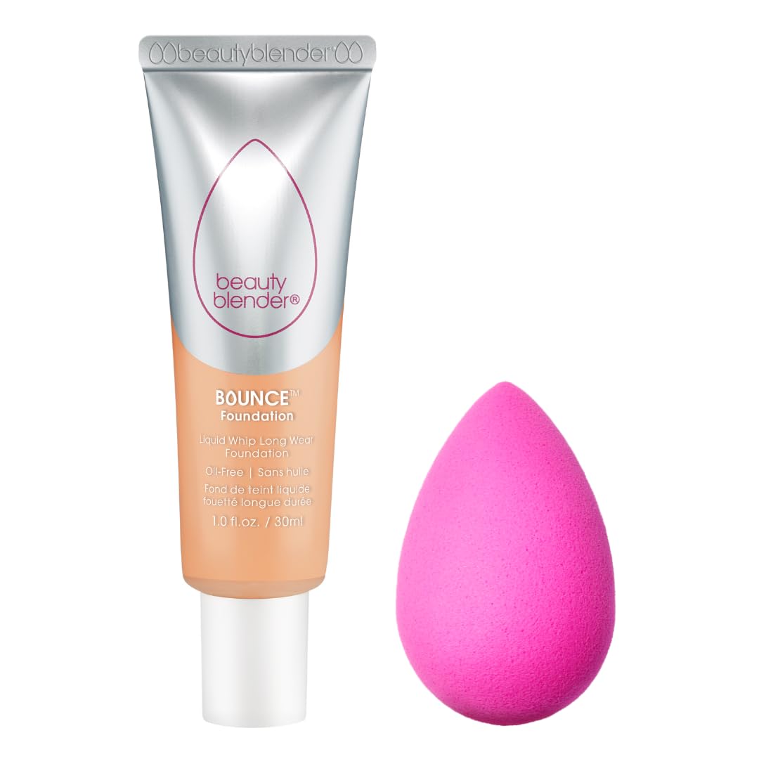 Beautyblender Bounce Liquid Whip Long Wear Foundation (3.40 W Med Peach) & Original Pink Beauty Blender Makeup Sponge Bundle