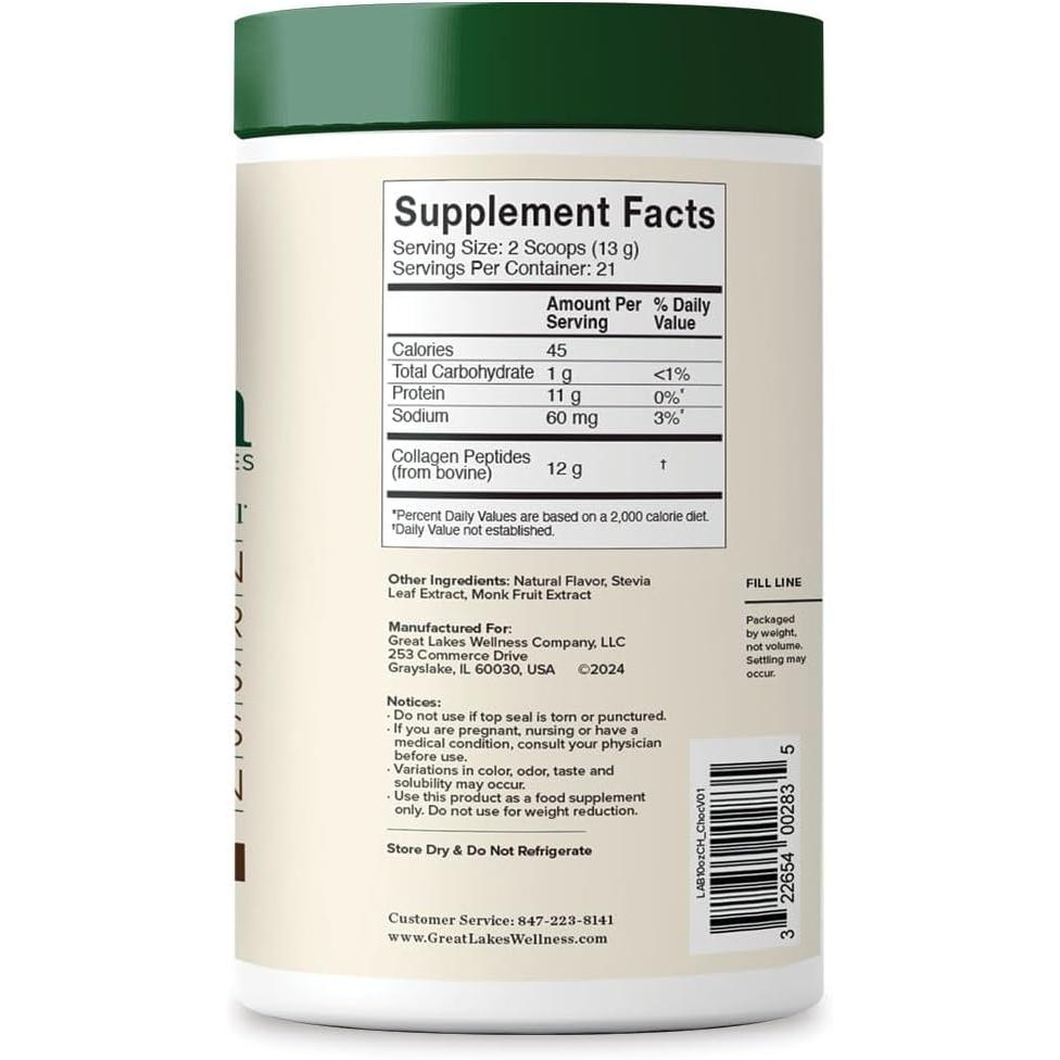 Great Lakes Wellness Collagen Peptides Powder for Skin, Hair, Nails, Joints & Digestion - Chocolate Flavored - Quick Dissolve Hydrolyzed, Non-GMO, Kosher - 10 oz