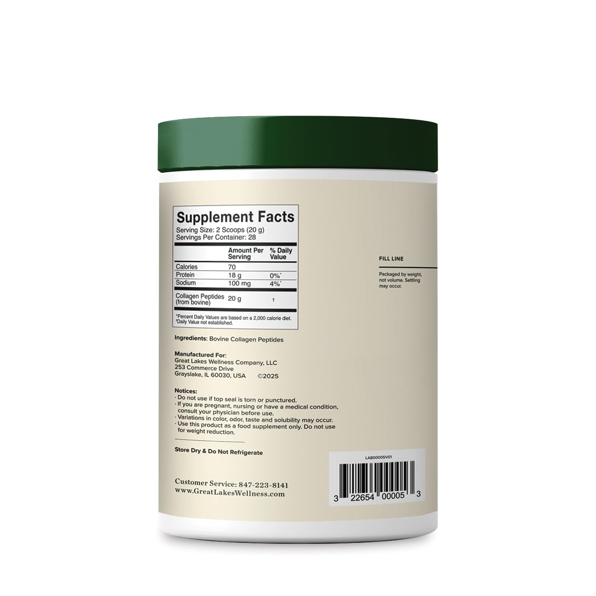 Great Lakes Wellness Collagen Peptides Powder for Skin, Hair, Nails, Joints & Digestion - Unflavored - 22 Servings (Pack of 1)