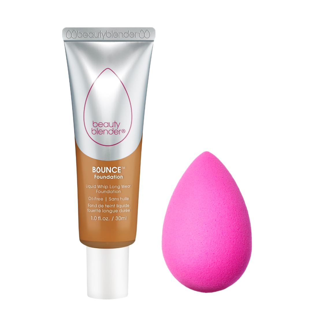 Beautyblender Bounce Liquid Whip Long Wear Foundation (4.35 W Deep Pecan) & Original Pink Beauty Blender Makeup Sponge Bundle