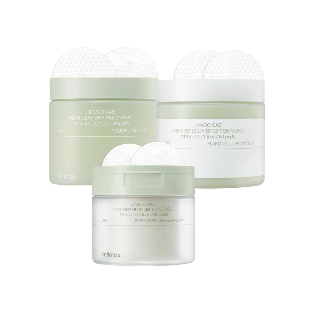 celimax Ji.Woo.Gae Heartleaf BHA Peeling Pad(60 pads) + ONE STEP Body Brightening Pad 110ml (60 pads) + Ji.Woo.Gae Cica BHA Blemish Toner Pad (60 Pads) Bundle