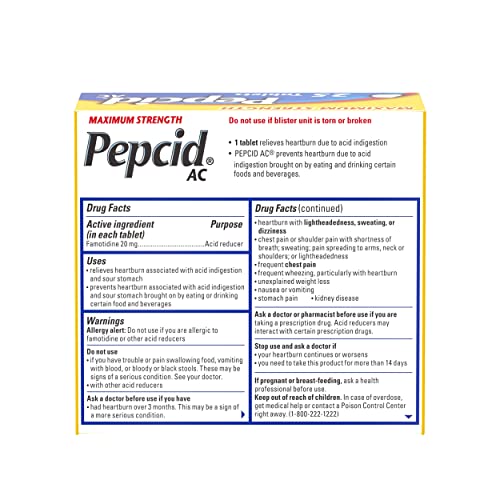 Pepcid AC Maximum Strength Heartburn Relief Tablets, OTC Medicine Prevents & Relieves Heartburn & Acid Reflux Due to Acid Indigestion, 20mg Famotidine Acid Reducer, Fast-Acting, 50 ct