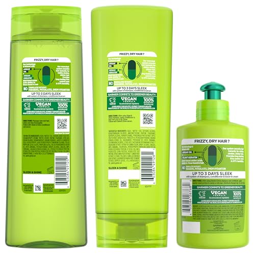 Garnier Fructis Sleek & Shine Leave-In Conditioning Cream for Frizzy, Dry Hair, Plant Keratin + Argan Oil, 10.2 Fl Oz, 2 Count (Packaging May Vary)