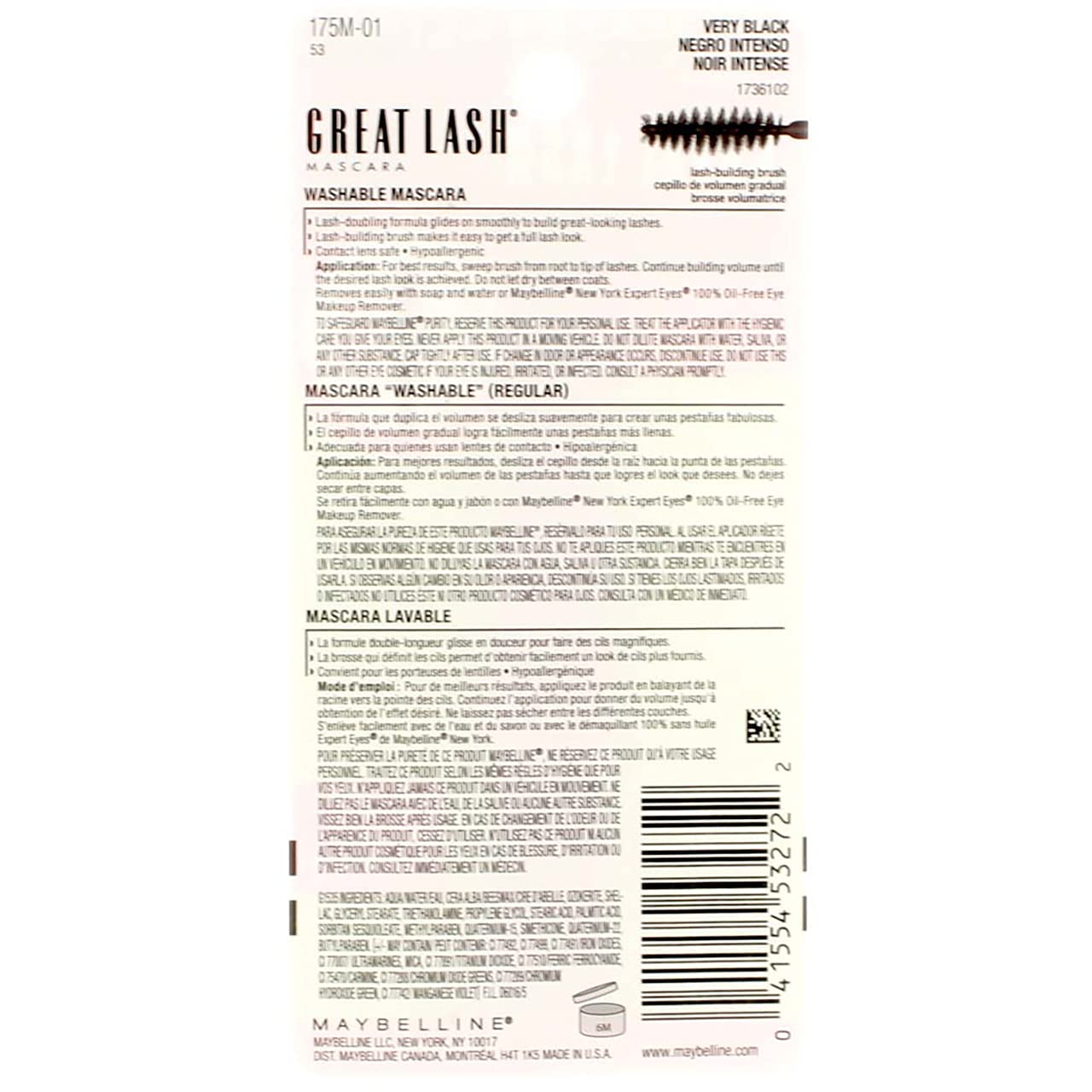 Maybelline Great Lash Washable Mascara Makeup, Volumizing Lash-Doubling Formula That Conditions As It Thickens, Blackest Black, 1 Count