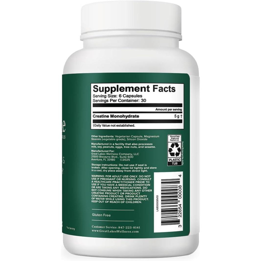 Great Lakes Wellness Creatine Monohydrate Capsules, 180 Count (30 Day Supply), 5000mg Pure Creatine per Serving, Build Lean Muscle, Strength & Recovery, Capsule Alternative to Creatine Powder