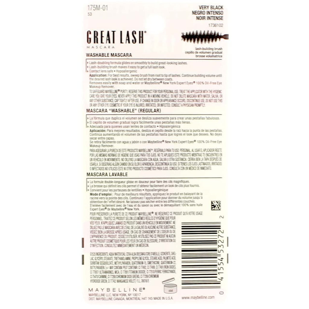 Maybelline Great Lash Washable Mascara Makeup, Volumizing Lash-Doubling Formula That Conditions As It Thickens, Blackest Black, 1 Count