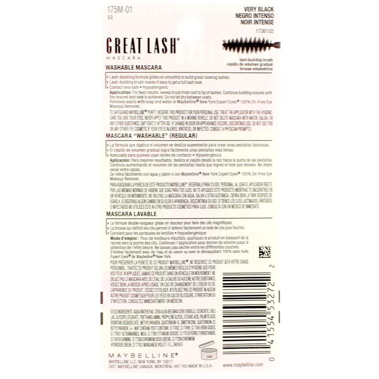 Maybelline Great Lash Washable Mascara Makeup, Volumizing Lash-Doubling Formula That Conditions As It Thickens, Blackest Black, 1 Count