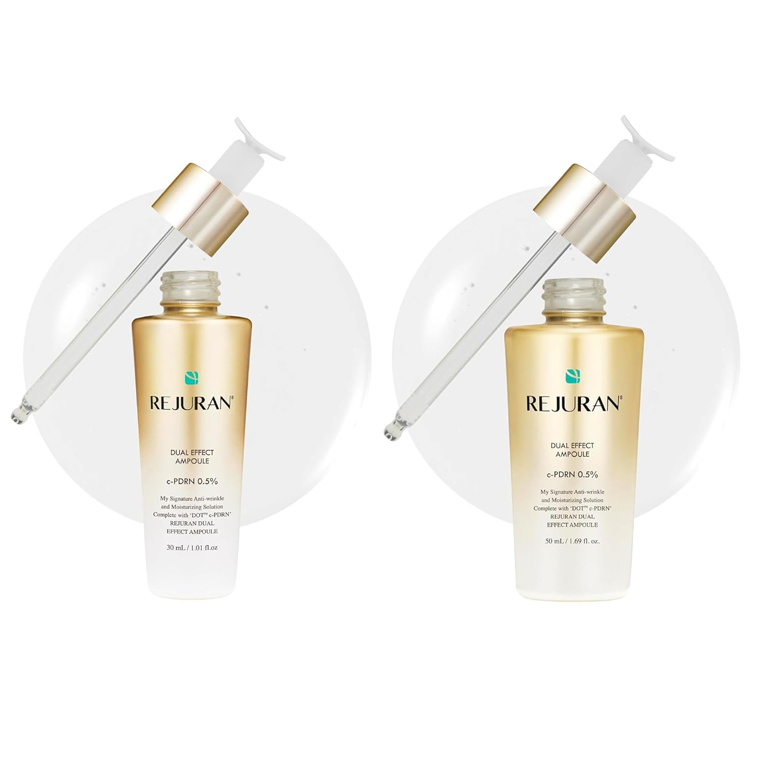 REJURAN® Dual Effect Ampoule Skincare Bundle – Original (1.01 fl oz) + Larger Size (1.69 fl oz) – Salmon DNA DOT DUAL c-PDRN® Face Serum Anti-Aging, Wrinkle Care, Firming, Elasticity Korean Skincare