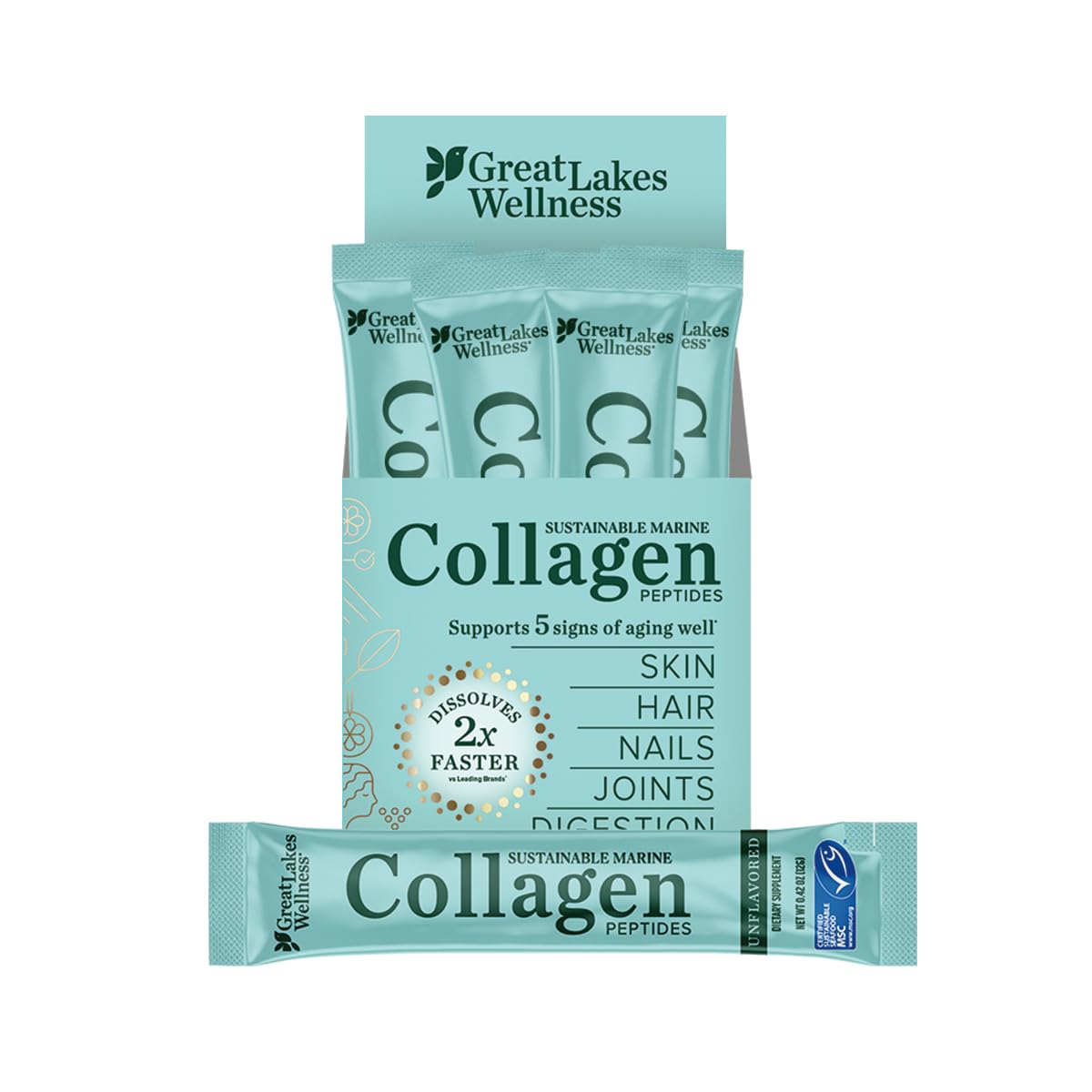Great Lakes Wellness Sustainable Marine Collagen Peptides Powder for Skin, Hair, Nails, Joints & Digestion - Unflavored - Quick Dissolve Hydrolyzed, Wild Caught, MSC Certified, Non-GMO, Kosher - 8 oz