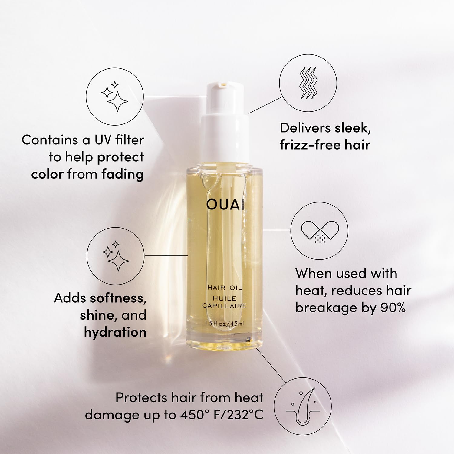 OUAI Hair Oil - Hair Heat Protectant Oil for Frizz Control - Adds Shine and Smooths Split Ends - Color Safe Formula - Paraben, Phthalate and Sulfate Free (1.5 fl oz)