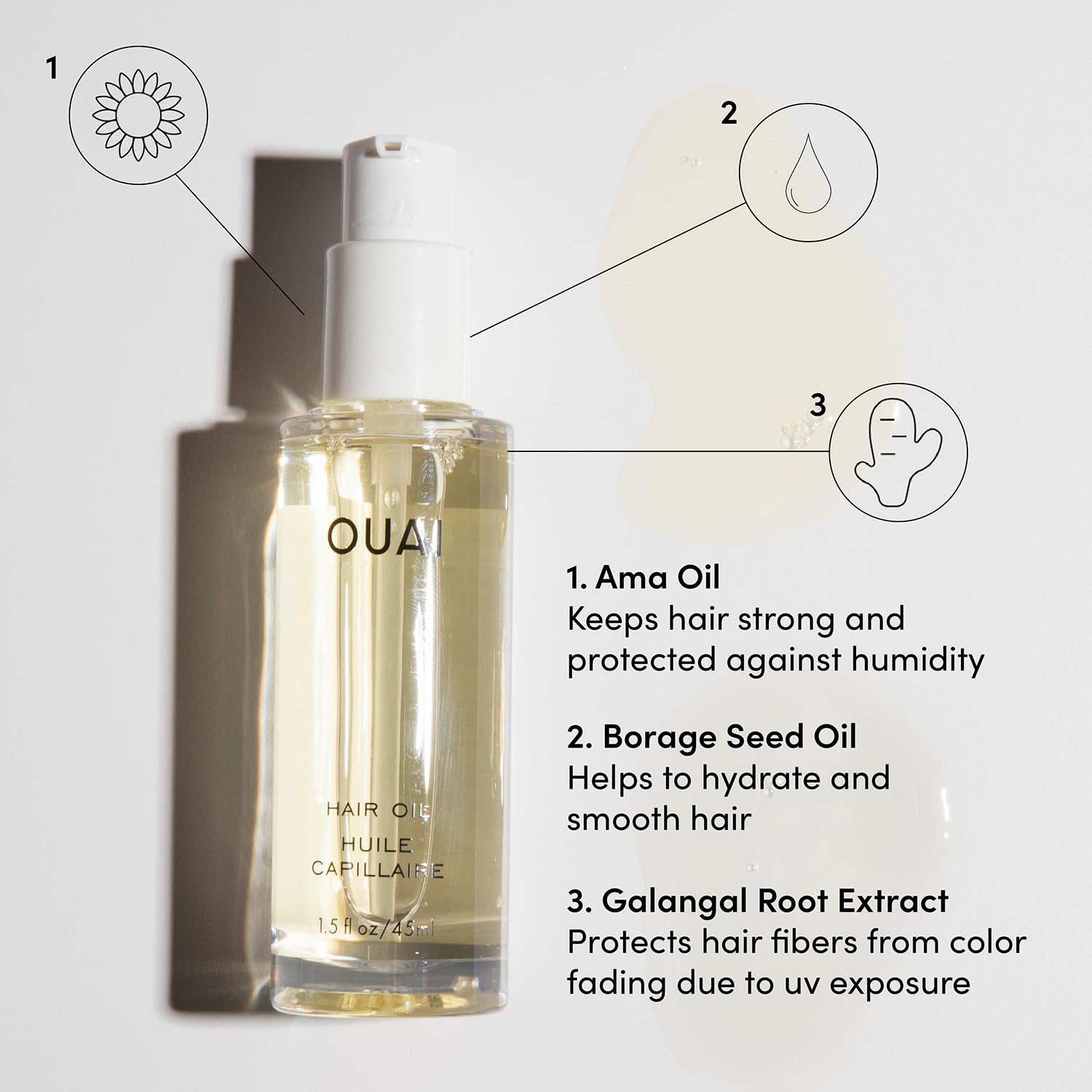 OUAI Hair Oil - Hair Heat Protectant Oil for Frizz Control - Adds Shine and Smooths Split Ends - Color Safe Formula - Paraben, Phthalate and Sulfate Free (1.5 fl oz)