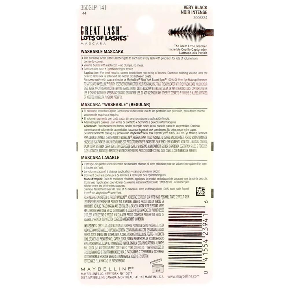 Maybelline Great Lash Washable Mascara Makeup, Volumizing Lash-Doubling Formula That Conditions As It Thickens, Blackest Black, 1 Count