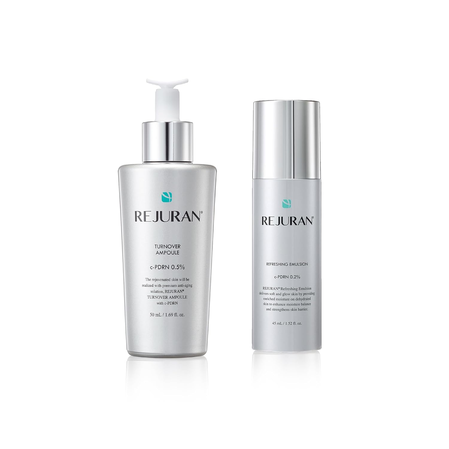 REJURAN® Skincare Duo with c-PDRN® – Turnover Ampoule & Refreshing Emulsion for Hydrated, Firm, Radiant Glass Skin – Korean Anti-Aging Serum & Moisturizer Set