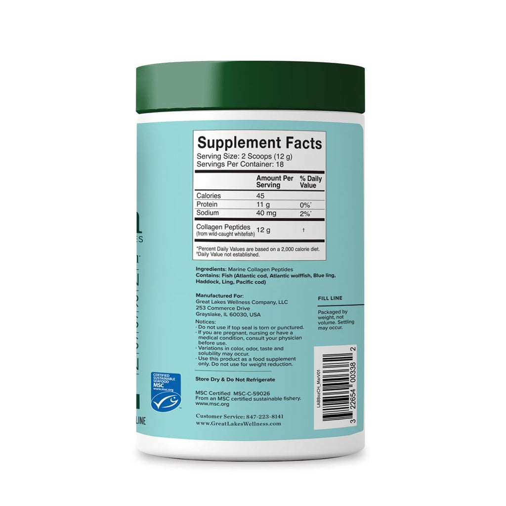 Great Lakes Wellness Sustainable Marine Collagen Peptides Powder for Skin, Hair, Nails, Joints & Digestion - Unflavored - Quick Dissolve Hydrolyzed, Wild Caught, MSC Certified, Non-GMO, Kosher - 8 oz