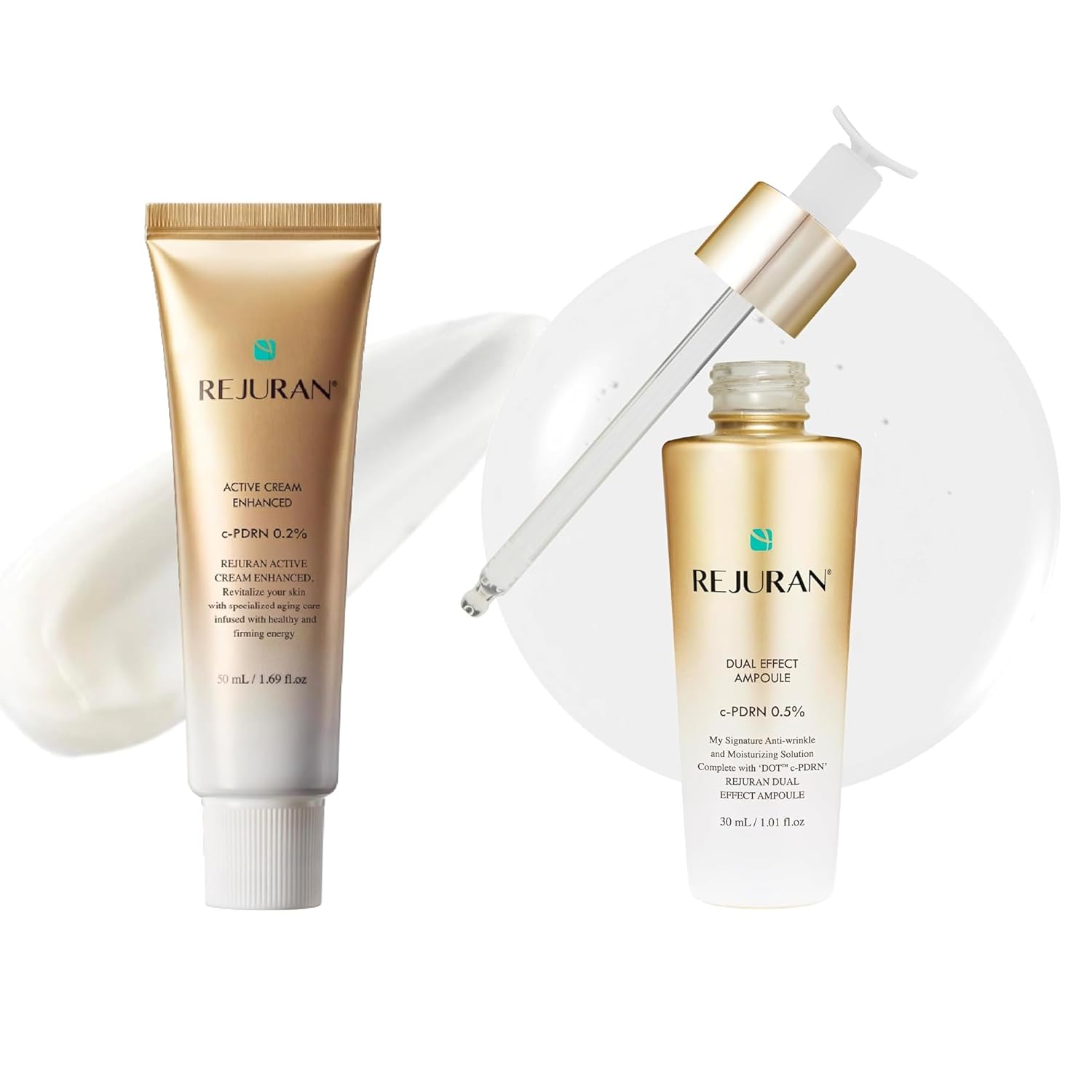 REJURAN® Anti-Aging Skincare Bundle – Turnover Active Cream Enhanced (1.69 fl oz) + Dual Effect Ampoule (1.01 fl oz) – Salmon DNA c-PDRN® Face Serum & Moisturizer for Elasticity, Firming, Skincare