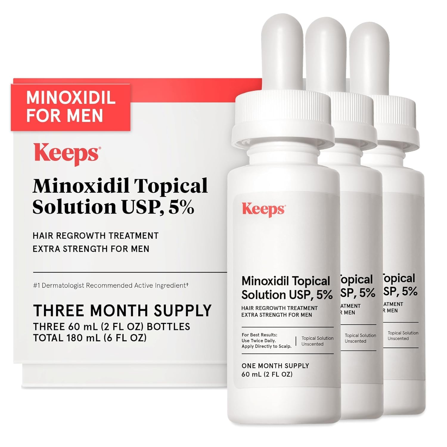 Keeps Extra Strength Minoxidil for Men - 5% Minoxidil Hair Growth Serum - Hair Loss & Regrowth Treatment for Thinning & Bald Spots - Clinically Proven Hair Growth Products - Unscented Topical Solution