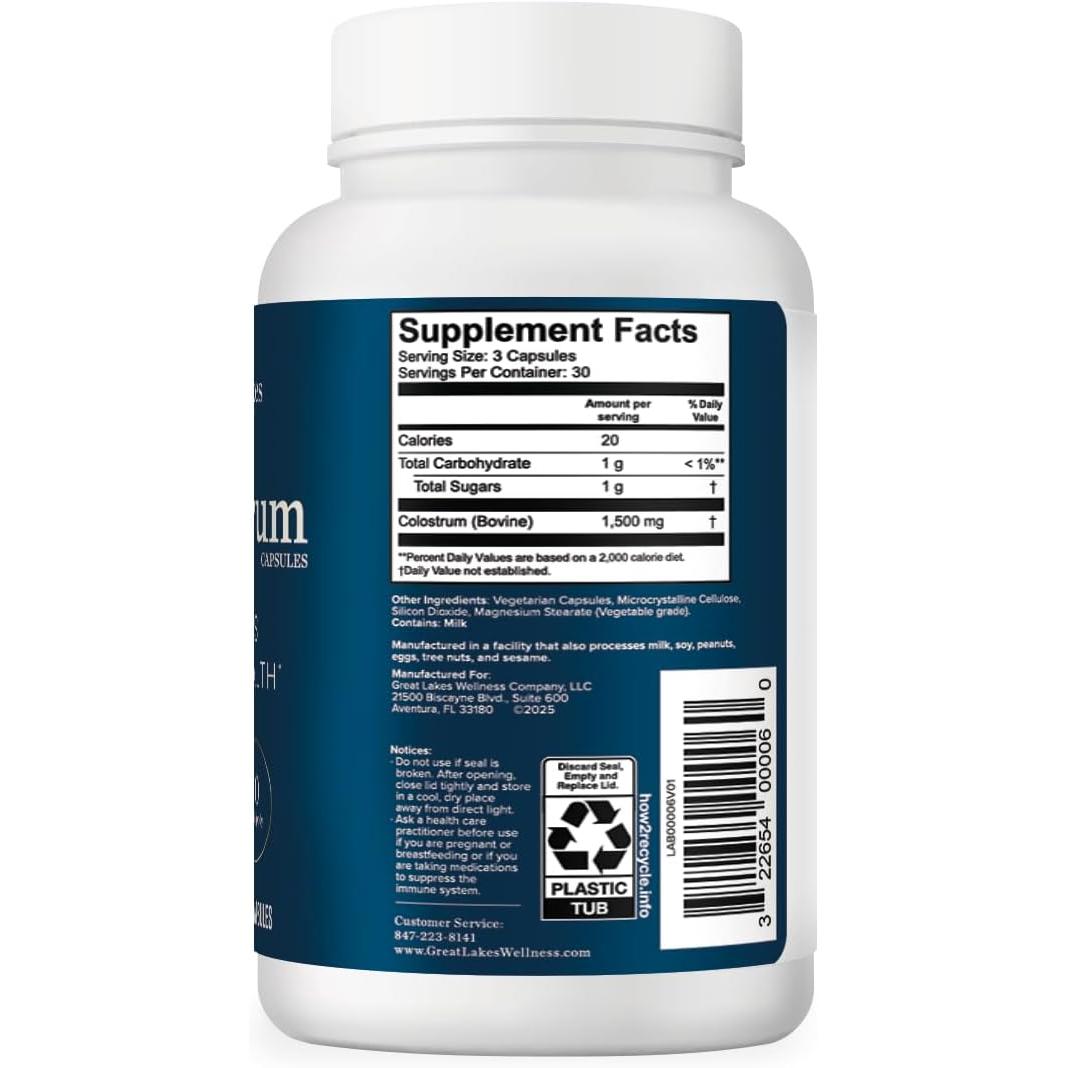Great Lakes Wellness Colostrum Supplement, 90 Capsules, 1,500mg per Serving, Bovine Colostrum Powder for Immune Support, No Fillers, Third Party Tested