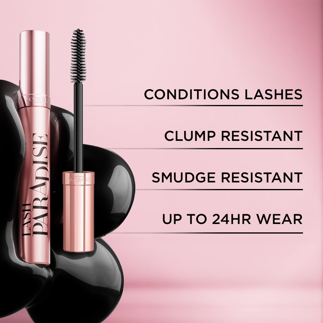 L'Oreal Paris Voluminous Makeup Lash Paradise Mascara, Voluptuous Volume, Intense Length, Feathery Soft Full Lashes, No Flaking, No Smudging, No Clumping, Blackest Black, 0.28 Fl Oz (Pack of 1)