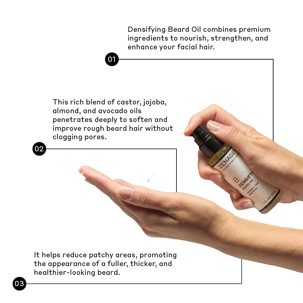 ZENAGEN Densifying Beard Oil | Nourish + Tame Castor Oil, Promotes Thicker Fuller Beard Growth, Nourishes & Softens Facial Hair, Lightweight Non-Greasy, Plant-Based, Vegan, All Beard Types, 1 oz