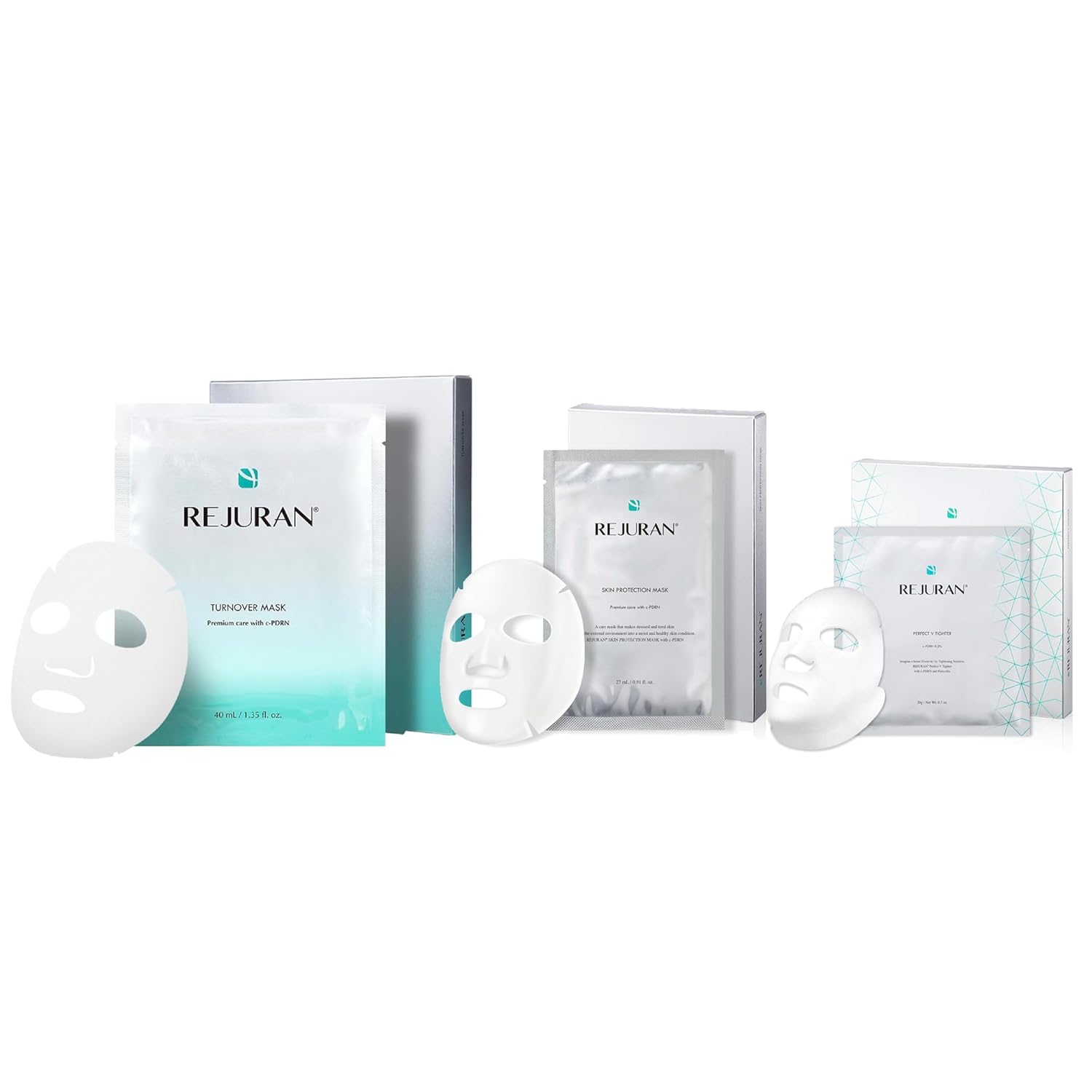 REJURAN® Premium Sheet Mask Bundle – Turnover Mask (5ea) + Skin Protection Mask (5ea) + Perfect V Tighter Dual-Sheet Mask (4ea) – Salmon DNA c-PDRN® for Hydration, Repair, Firming & Lifting