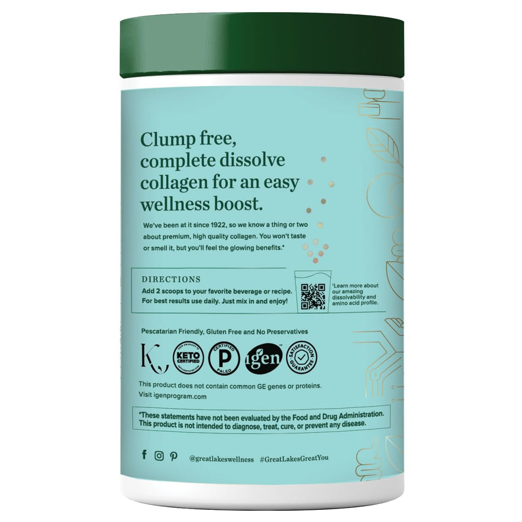 Great Lakes Wellness Sustainable Marine Collagen Peptides Powder for Skin, Hair, Nails, Joints & Digestion - Unflavored - Quick Dissolve Hydrolyzed, Wild Caught, MSC Certified, Non-GMO, Kosher - 8 oz