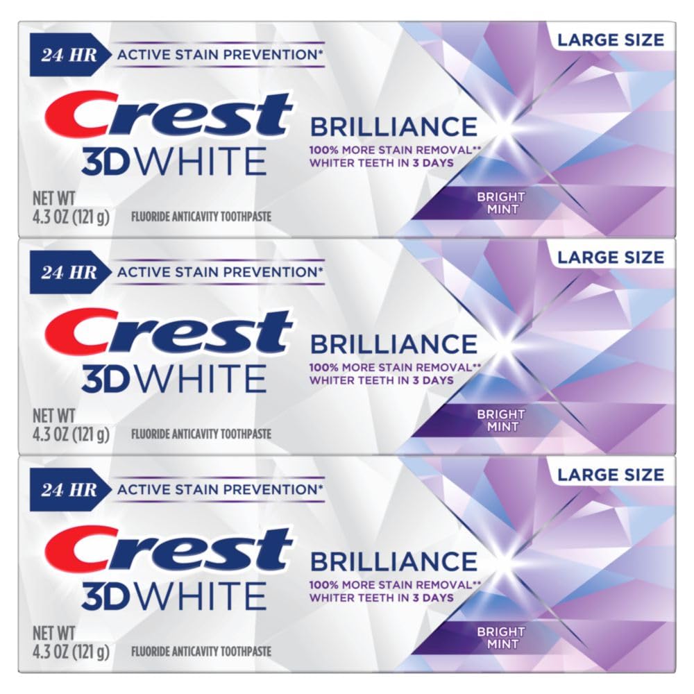 Crest 3D White Brilliance Bright Mint Teeth Whitening Toothpaste, 4.3 oz Pack of 3, 100% More Surface Stain Removal, 24 Hour Active Stain Prevention, Whiter Teeth in 3 Days
