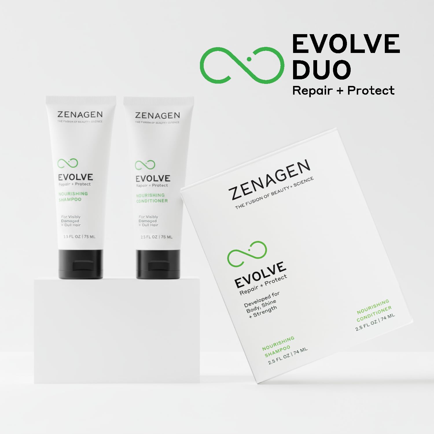 ZENAGEN Evolve Repair + Protect Travel Duo | Nourishing Shampoo + Conditioner, Repairs & Strengthens Damaged Hair, Promotes Thicker Fuller Growth, Plant-Based, Color-Safe, Vegan, 2.5 oz