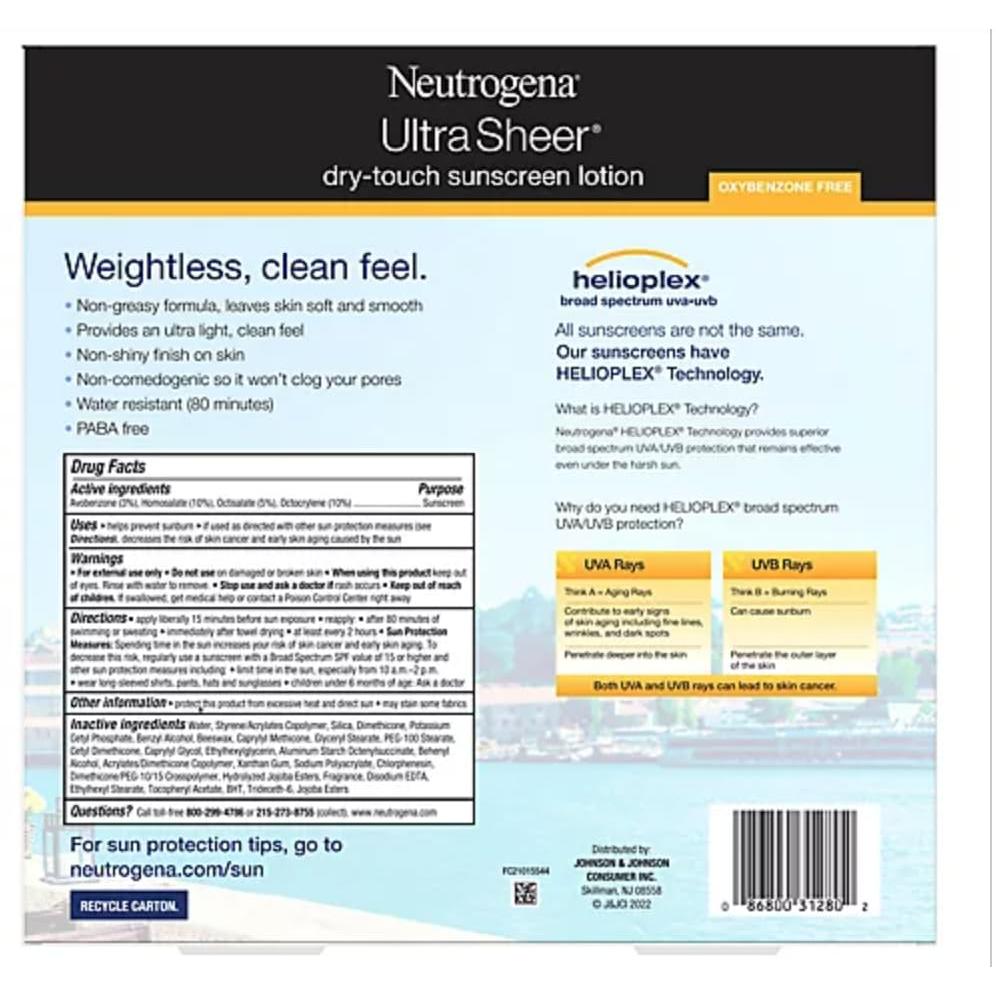 Neutrogena Ultra Sheer Dry-Touch Sunscreen For Face & Body, SPF 45 Broad Spectrum UVA/UVB Protection, Lightweight Water Resistant & Non-Greasy, Travel Size Sunscreen, 3 fl. oz 2 pack
