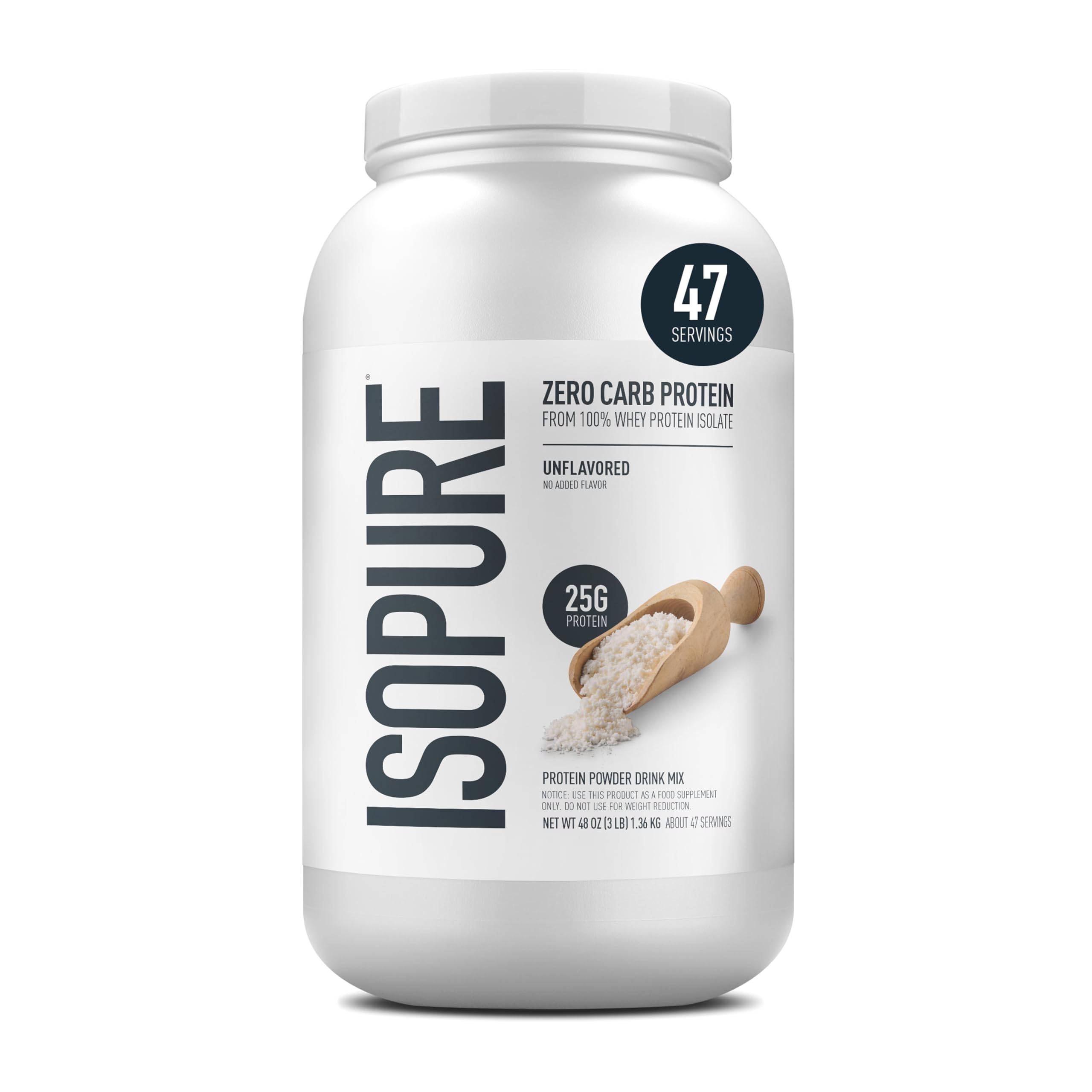 Isopure Zero Carb 100% Pure Whey Isolate Protein Powder, Lactose Free, Gluten Free, with Vitamins, Unflavored, 25g Protein Per Serving, 1 Lb, 16 Servings (Packaging May Vary)