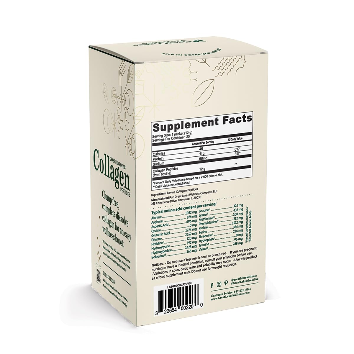 Great Lakes Wellness Collagen Peptides Powder for Skin, Hair, Nails, Joints & Digestion - Unflavored - 22 Servings (Pack of 1)