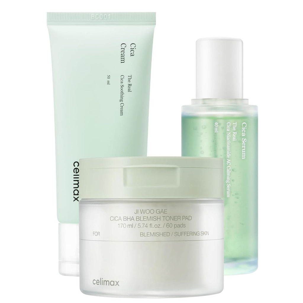 celimax Ji.Woo.Gae Cica BHA Blemish Toner Pad (60 Pads) + The Real Cica Niacinamide AC Calming Serum 40ml + The Real Cica Soothing Cream 50ml Bundle