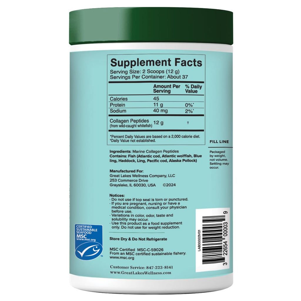Great Lakes Wellness Sustainable Marine Collagen Peptides Powder for Skin, Hair, Nails, Joints & Digestion - Unflavored - Quick Dissolve Hydrolyzed, Wild Caught, MSC Certified, Non-GMO, Kosher - 8 oz